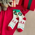 Plush Christmas coral fleece warm socks in festive red, green and white with wreath embroidery - Flower Garland