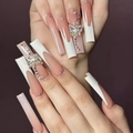 Extra long square French press-on nails with 3D silver bows and sparkling rhinestones - French Butterfly Rhinestone Style - Glue Type (SGCY-390)