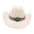 Ivoorbeige western cowboyhoed met bruine geborduurde band en turquoise steen - Eén maat / Ovalen Blauwe Steendecoratie / Beige