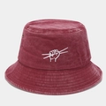 Close-up of wine red washed cotton bucket hat with white embroidery and metal eyelets - One Size / Burgundy