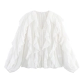Detailed view of layered ruffle decorations and V-neckline on white chiffon blouse - XS / White