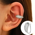 Silver ear cuff featuring micro-pave white zircons and a green emerald gemstone - White K - Diamond Snake Style (DZ-793)