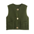 Detail of green chunky knit vest featuring gold buttons and decorative patch pockets - Dark Green