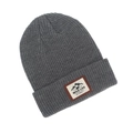 Detail of grey knitted beanie with outdoor mountain patch and wild life graphics - One Size / Dark Gray