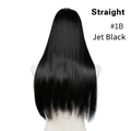 Detail view of smooth long jet black straight hair extension in shade 1B from behind - 24 inch / Jet Black (#1B)