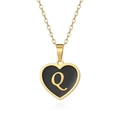 Close-up of heart-shaped pendant with black enamel and golden letter Q on link chain - Letter Q Style