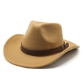 Classic western cowboy wool felt jazz hat in khaki with a decorative leather band - M(56-58cm) / Camel