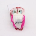 Close-up of a soft pink and white plush owl keychain with vibrant yellow eyes and blue details - Burgundy