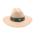 Cappello fedora beige in feltro con pietra turchese e nastro etnico ricamato vintage - Beige