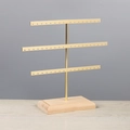 3-tier gold metal earring organizer with a solid wooden base for jewelry display - Gold 52 Holes