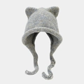 Detail of multi-color thick knit beanie with cat ears and braided tassels - Light Gray