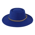 British style royal blue wool felt fedora hat with wide brim and leather belt decoration - One Size(58cm) / Sapphire Blue