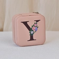 Pink square PU jewelry box with Y letter and floral pattern featuring zipper closure - Print Y