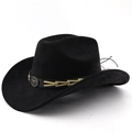 Close-up of black suede cowboy hat with leather band, gold chain and bull head emblem - M (56-58cm) / Black
