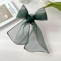 Dark green organza bow hair clip with long ribbons and elegant black stitched edges - Dark Green