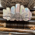 Handmade Bohemian natural crystal hair comb with iridescent moon-themed quartz stones - Colorful Rose Quartz Black Wire Silver Moon
