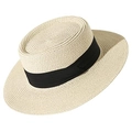 Détail du tressage en spirale et ruban noir sur le chapeau de paille à bord plat d'été - M (56-58cm) / Chapeau Beige + Ruban Noir