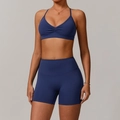 Ensemble de yoga bleu foncé deux pièces avec brassière sport et short taille haute - S / Soutien-gorge + Short / Bleu Marine