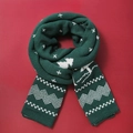 Dark green knitted Christmas scarf with white geometric patterns on red background - Dark Green Wave Tree