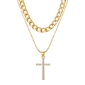 Double-layered gold Cuban and box chain necklace with iced-out cross pendant - HS1459-21 Gold Double Layer Cuban Chain Iced Cross