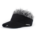 Detail view of the black baseball cap with grey wig hair on top for a fun look - Adjustable / Baseball Cap / Black Baseball Cap with Gray White Wig