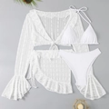 Conjunto de bikini blanco de 4 piezas con top halter, talle alto y pareo de encaje floral - XS / Blanco