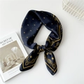 Navy blue silk square scarf with golden paisley pattern and elegant knotted styling - 70cm / Navy Paisley Clover