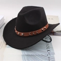 Classic black felt cowboy hat with wide brim and studded brown leather decorative band - Wave Pattern Strap / Black
