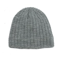 Detailed view of the grey ribbed knit texture on a warm winter beanie hat for men - Light Gray