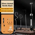 Black cordless milk frother set with 3 whisk heads, stand, and Type-C USB charging cable - New Three Heads with Stand / New Electroplated Black