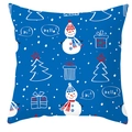 Detailed pattern of blue Christmas pillow case with snowman and white holiday graphics - Blue Background Gift Box Snowman