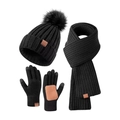 Schwarzes 3-teiliges Winter-Strickset mit Bommelmütze, Schal und Touchscreen-Handschuhen - Schwarz