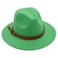 Close-up of bright green wool fedora hat featuring a brown leather belt buckle detail - M (56-58cm) / Grass Green (Yellow Rope)