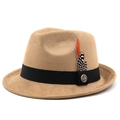 Detail of khaki fedora hat featuring black grosgrain ribbon, feathers and gold anchor badge - M(56-58cm) / Suede Camel