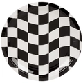Racing party supplies featuring checkered black and white patterned disposable paper plates - 10 x 7 Inch Plates