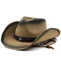 Dettaglio di cappello di paglia cowboy marrone sfumato con fascia in pelle e pietra turchese - M (56-58cm) / Khaki Nero Sfumato