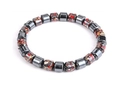 Elastic magnetic bracelet with black and multicolored patterned cylindrical stone beads - Red and Black