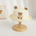 Detailed texture of kids straw hat with 3D bear ears and embroidery on wooden stand - Cream / Hat