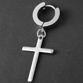 Minimalist silver polished stainless steel cross pendant hoop earring for men and women - Silver Minimalist Cross