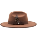 Cappello fedora marrone a tesa larga in lana con decorazione in piuma e nastro - M(56-58cm) / Cachi