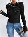 Elegant ribbed black long sleeve top with pearl embellishments and round neckline - S / Black