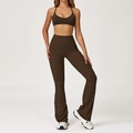 Conjunto de yoga marrón oscuro con sujetador deportivo y pantalones de campana de cintura alta - S / Sujetador + Pantalones Acampanados / Café