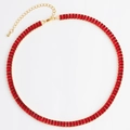 Close-up of red rectangular crystal necklace with gold metal base and lobster clasp - Choker