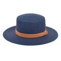 Detailed macro view of navy straw hat texture with brown leather band and gold rivet - M (56-58cm) / Navy Blue