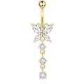 Golden belly button ring with butterfly zircon and three hanging round stones - Gold Butterfly