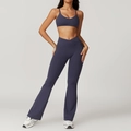 Conjunto de yoga azul marino con pantalones de campana de cintura en V y top deportivo - S / Sujetador + Pantalones Acampanados / Gris Azulado