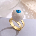 Adjustable gold plated evil eye ring featuring a marble sphere with blue iris detail - Adjustable Open / White (13418)