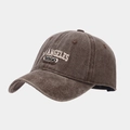Close-up of vintage washed brown cotton baseball cap with cream ANGELES 1860 embroidery - Adjustable / Dark Brown