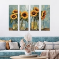 Set of 4 Bohemian sunflower wooden wall art plaques with yellow floral design - Style L Sunflower (HDF/Triangle Hook)