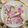 Vintage style square paper napkin with pink roses and bird motif on a white lace plate - Rose Butterfly Bird (1040)